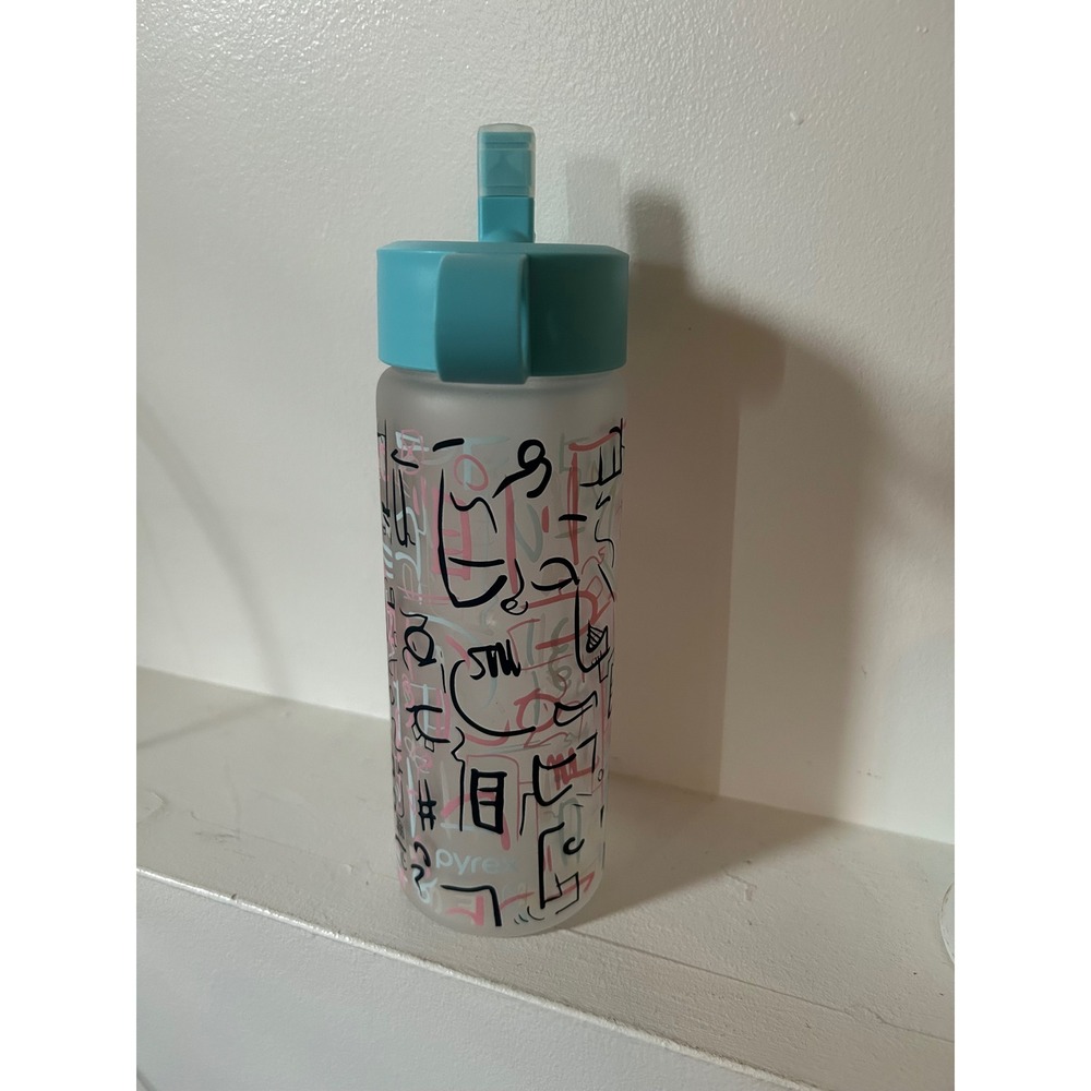 Pyrex Glass Water Bottle Frosted Graffiti Pattern Teal Flip Top Lid with Straw